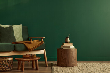 Minimalist living room interior in stylish house with design velvet sofa, carpet on floor, brown wooden coffee table, book, basket, perosnal accessories, copy space background in home decor.