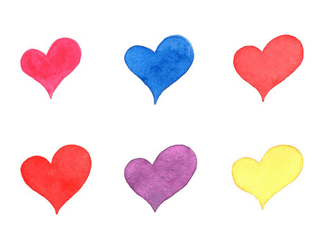 Hand drawn watercolor Rainbow hearts collection isolated on white background. Perfect for Valentine's day card or romantic post cards