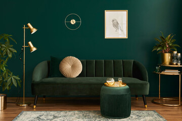 Luxury living room in house with modern interior design, green velvet sofa, coffee table, pouf,...