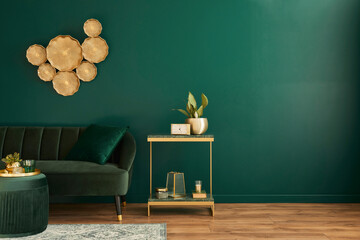 Elegant living room interior with modern design, green velvet sofa, furniture, gold decoration,...