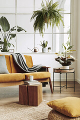 Interior design of scandinavian open space with yellow velvet sofa, plants, furniture, book, wooden...