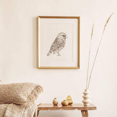 Stylish composition of living room interior with mock up frame, wooden bench, pillow, plaid, woman...