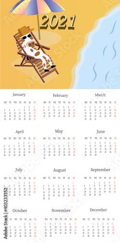 Fototapete Calendar 2021 Yearly Planner Calendar With All Months Templates With A Cute Cartoon Bull Vector Illustration Great For Nursery Poster And Printable Vitalii