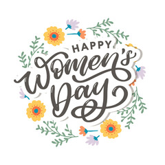 Happy Women's Day handwritten lettering. Modern vector hand drawn calligraphy with abstract flowers for your greeting card design