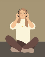 Young woman relaxing and listening to music with over-ear-headphones. Sitting cross-legged, eyes closed, enjoying alone time. Flat vector illustration with muted colors.