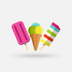 Set of various delicious ice cream including lolly ice, cones with different topping and fruit ice. Vector illustration of healthy food for takeout, bar or restaurant menu. Cartoon style icon.