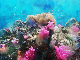 Colorful sea life, digital watercolor illustration