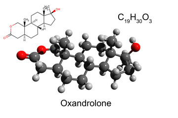 Chemical formula, structural formula and 3D ball-and-stick model of anabolic steroid oxandrolone, white background