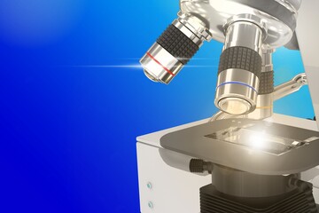 bio study concept, lab hi-tech scientific microscope with flare on gradient background - object 3D illustration