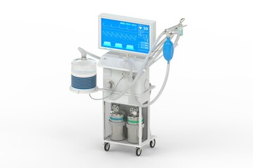 ICU artificial lung ventilator with fictive design, isometric view isolated on white - fight corona virus concept, medical 3D illustration