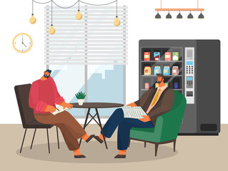 Positive communication of colleagues. Guys sit with notebooks in hands during a break at work. Male characters are talking together. People have a conversation. Vending machine with food on background