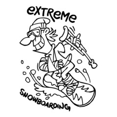 Extreme snowboarding, snowboarder with broken arm and leg in plaster and with crutch goes downhill, winter sport joke, black and white cartoon