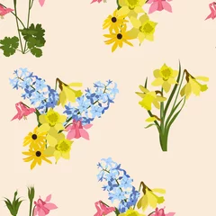 Foto op Plexiglas Delicate spring wildflowers on a beige background. © Nadezhda
