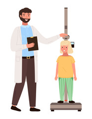 Girl on medical check-up with male pediatrician doctor. Physical examination of the growth process. The doctor measures the child s height. Little patient at the appointment with a pediatrician