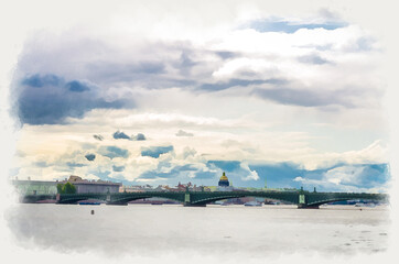 Watercolor drawing of Cityscape of Saint Petersburg Leningrad city with Trinity bascule bridge across Neva river