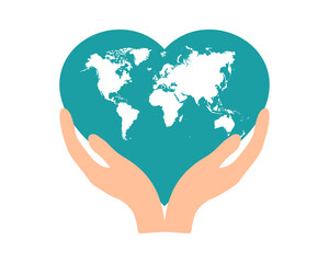 vector illustration, hands close the planet in the form of a heart from pollution, save the planet, small plant process, save energy, Earth Day concept - vector