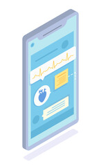 Isometric illustration of online medicine service. Chat with doctor on smartphone. Heart problems message and cardiogram on smartphone screen. The study of medical tests. Online diagnostics concept
