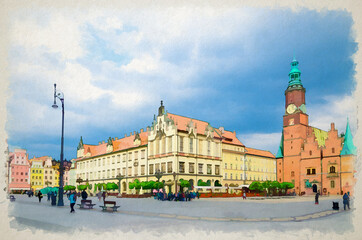 Watercolor drawing of Old Town Hall and New City Hall building, row of colorful traditional buildings with facades on Rynek Market Square