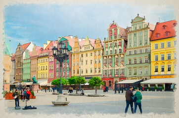 Naklejka premium Watercolor drawing of Wroclaw: Row of colorful buildings with multicolored facade, Old Town Hall and cobblestone Rynek Market Square