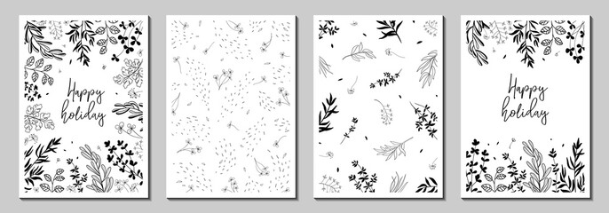 Botanical wall art. Floral vector templates with leaves, plants. Abstract natural elements. Vector plant print for holiday posters, greeting cards, backgrounds, covers, banners, invitations. 