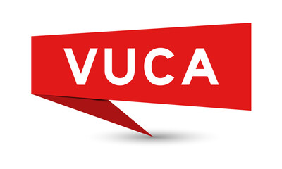 Paper speech banner with word VUCA (abbreviation of Volatility, uncertainty, complexity and ambiguity) in color on white background (Vector)