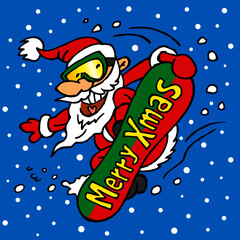 Santa Claus snowboarder jumps Big Air on snowboard with Merry Xmas tag, background with snowflakes, winter sport joke, color cartoon