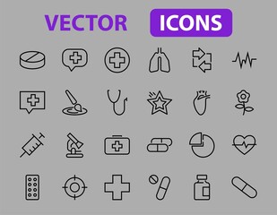 A simple set of medicine ICONS, contains medicine icons, pills, related vector line icons. thin lines, pain, syringe, lungs, microscope, cardiogram, virus and much more. Editable stroke.