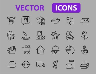 PIZZA DELIVERY, and Food Icon Set Vector thin line, contains courier, home delivery, food ordering, fast transport, drone, ship, car, editable stroke. ICONS circuits
