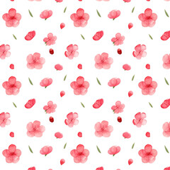 Cherry blossom flowers watercolor illustration.  Aquarelle decorative pattern for Lunar New Year celebration and romantic events. Cute lovely background clip art. Spring nature theme. 