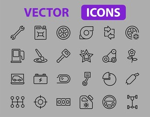 Naklejka premium AUTO PARTS Set of Icons related vector line icons. Contains icons such as parts, oil, diagnostics, turbine, steering wheel, key, chassis, gearbox and much more. Editable stroke