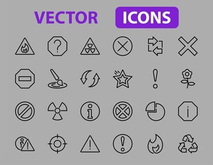 WARNINGS simple set of thin line vector icons. Contains icons such as warning, exclamation mark, reuse, warning sign and more. Editable stroke. Vector illustration