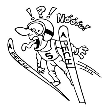 Ski jumper flies through the air and screams in fear, black and white cartoon