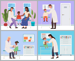 Set of illustrations on the topic of work with patients in medical office. Doctor examines children. Physician gives advice on caring for health of child. Doctor treats people using special equipment