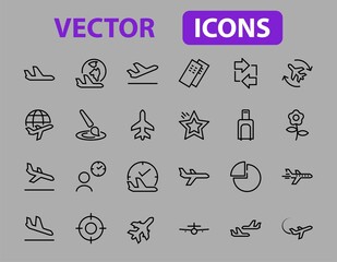  A simple set of airport related vector line icons. Contains badges such as departure, boarding, waiting time, boarding, find a place to travel tickets, and much more. Editable stroke. 48x48 pixels
