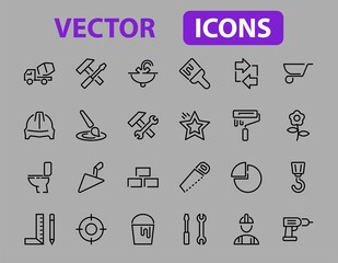 Set of construction icons, simple vector lines, contains the following icons: builder, roller, hammer with wrench, toilet bowl and much more. Editable stroke. 48x48 pixels perfect, white background