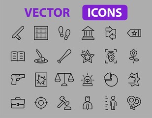Court, Law and Justice Icon Set contains such icons as Law, Police, Prison, Handcuffs, Pistol, Editable stroke. Modern subtle symbols