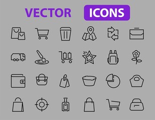 Simple set of bags, shopping and travel icons. Vector illustration Contains icons such as Card, wallet, shopping basket, discount, bowl, package. On a white background, editable stroke