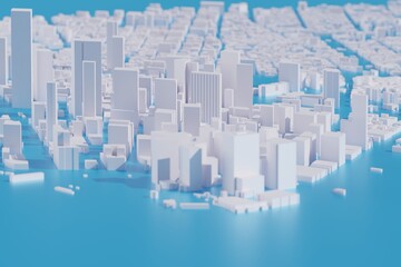 Aerial view-abstract futuristic mega city landscape and metropolis,architecture building and skyscraper,image 3D rendering illustration, isolated blue background,concept of modern city and technology
