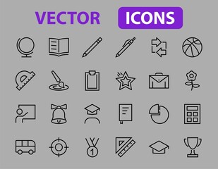 A simple set of school items. Contains icons such as student, award, geography, physical education, geometry and more. On white background. Editable stroke. 480x480
