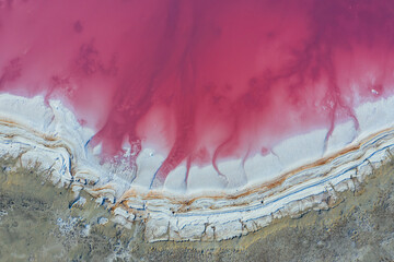 Coast with pink water. Aerial view of majestic landscapes of Jarilgach island in Ukraine