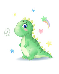 Cute little dinosaur with stars. Green baby tiranosaur