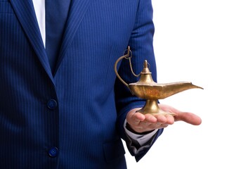 Businessman with magic lamp isolated on white