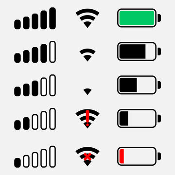 Phone Bar Status Icons, Battery Icon, Wifi Signal Strength. Vector For Mobile Phone