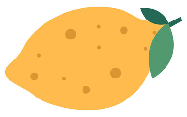 Yellow lemon with a green leaf flat vector illustration. Sour citrus isolated on a white background. Lemon tree fruit with dark speck. Citrus plucked with a twig and leaves, grown in Greece