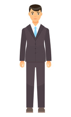 Obraz na płótnie Canvas Isolated cartoon character businessman wearing stylish brown suit, blue tie. Man in jacket and trousers, white shirt. Business person style. Dresscode of office worker. Brown-haired guy, cloth element