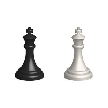 Chess piece 3D realistic icon. Smart board game elements. Chess king black and white silhouettes vector illustration isolated on white.