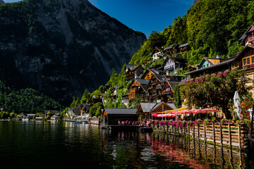 Naklejka premium Picturesque Lakeside Town Hallstatt At Lake Hallstaetter See In Austria