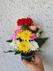 A woman's hand holds a beautiful little bouquet consisting of multicolored chrysanthemums, fern leaves and red carnations, perfect for worshiping monks, decorating a living room or on a dining table.
