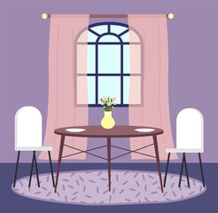 Flat illustration of home interior. Cozy corner of the room near window with chairs and table with a bouquet in a vase. Living room with a place for tea and family gatherings. Dining room furniture