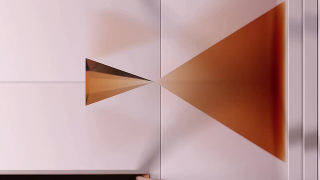 White and golden abstraction with one large triangle and a small rotating pyramid. Animation. Two figures with its tops aiming towards each other on white background with golden metal stripe.